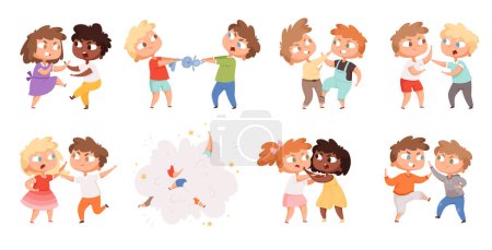 Illustration for Boys fighting. School bully angry kids punishing in playground vector cartoon characters set. Illustration angry boy and girl, bullying problem, behavior aggression - Royalty Free Image