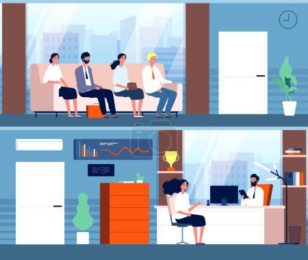 Illustration for Business interview. Characters sitting in corridor waiting employees recruitment persons vector flat illustration. Business interview and recruitment, office worker in corridor - Royalty Free Image