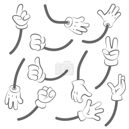 Illustration for Cartoon hands. Body parts collection hands animation vector creation kit. Human gesture hand, forefinger and palm in glove illustration - Royalty Free Image
