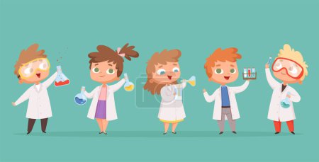 Illustration for Chemistry kids. Science children school characters in lab vector cartoon people. School lab and student experiment, scientific research illustration - Royalty Free Image