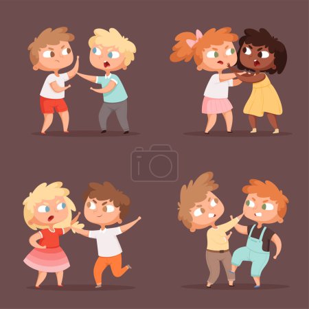 Illustration for Children fighting. Anger boys punishing together bullies vector characters. Children fighting conflict, together characters emotion illustration - Royalty Free Image