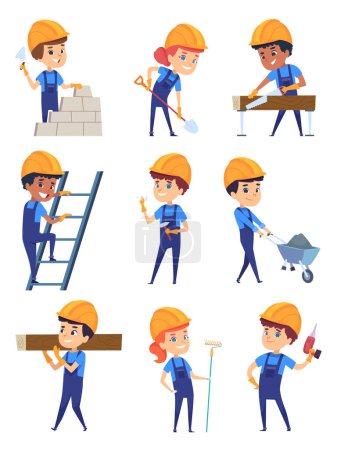 Illustration for Children builders. Little working characters in yellow helmet for building professional construct vector cartoon. Illustration character children worker, workman and woman - Royalty Free Image