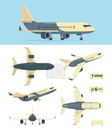 Ilustración de Avión de aviación civil. Modelo de diferentes aviones vistas colección de vectores de aeronaves. Aviación aérea, avión civil, aviones para ilustración de pasajeros - Imagen libre de derechos