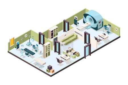 Illustration for Clinic interior. Hospital office modern waiting rooms inside buildings room with furniture vector isometric. Illustration medical inside hospital interior 3d - Royalty Free Image