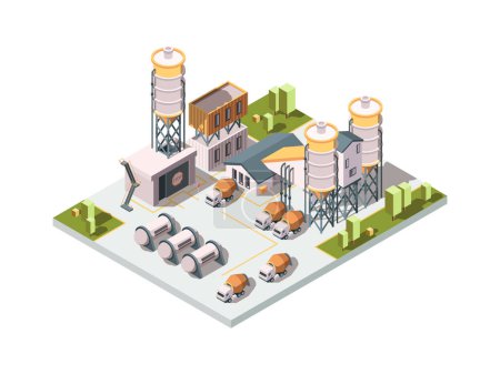 Illustration for Concrete factory. Machinery manufactory production industrial concept cement mixer machine and tanks vector isometric. Illustration factory building, plant manufacturing - Royalty Free Image