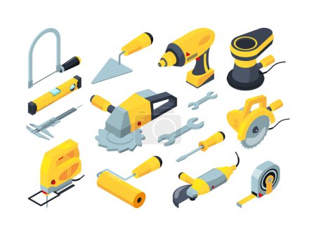 Illustration for Constructions tools. Drill hammer paintbrush measuring builders equipment vector isometric. Illustration hammer and screwdriver, drill equipment - Royalty Free Image