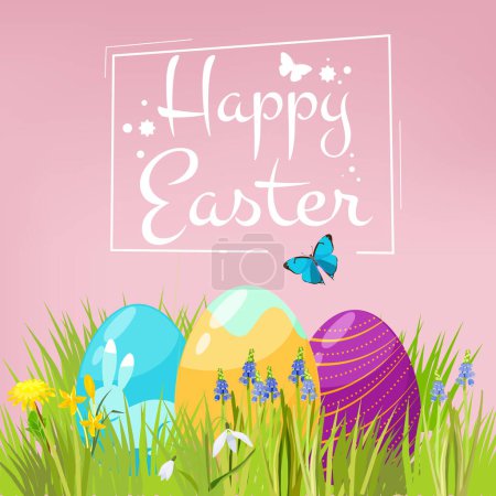 Illustration for Easter background. Eggs on grass with spring flowers festive happy easter set. Easter holiday christianity, celebration banner illustration - Royalty Free Image