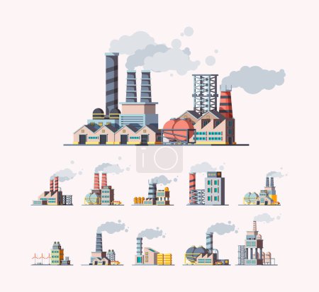 Illustration for Factory. Industrial buildings manufactures air pollution vector flat pictures. Illustration building manufacturing tower, production construction with pipeline - Royalty Free Image