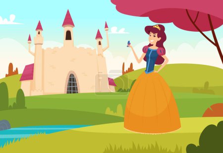 Fairytale background. Pretty young princess outdoor magic castle vector fantasy concept. Fantasy castle and pretty girl in crown illustration