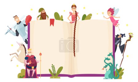 Illustration for Fairy tale frame. Decorative background with fantasy characters book in cartoon style vector template. Fairy fantasy book for story, characters collection illustration - Royalty Free Image