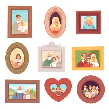 Illustration for Family portraits. Photos of kids and parents mother father and grandparents happy smile faces vector collection set. Father and mother, grandparents photo portrait illustration - Royalty Free Image