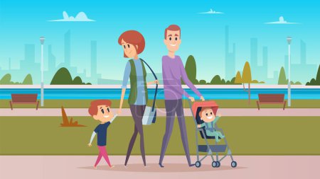 Illustration for Family walk in city park. Happy parenthood, cute cartoon babies. Mother, father and sons vector character. City park recreation, family outdoor illustration - Royalty Free Image