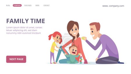 Illustration for Family time. Cute cartoon parents and children. Happy girl, baby, mother and father. Parenthood vector landing page. Cartoon wife and husband with children illustration - Royalty Free Image