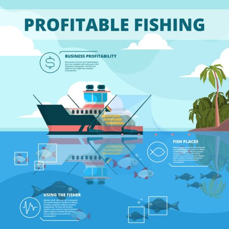 Illustration for Fishing boats background. Ocean water fisher ship vector infographic picture. Fishing boat, marine nautical vessel industrial illustration - Royalty Free Image