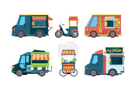 Illustration for Food truck. Pushcart picking transport hawkers festival fast food vector collection flat pictures. Food truck street, fast pushcart with snack illustration - Royalty Free Image
