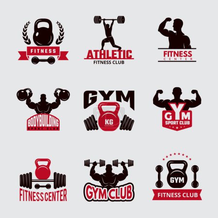 Illustration for Gym fit badges. Sport fitness healthcare logo athletic club emblems vector collection. Emblem badge gym, weight and bodybuilding label illustration - Royalty Free Image