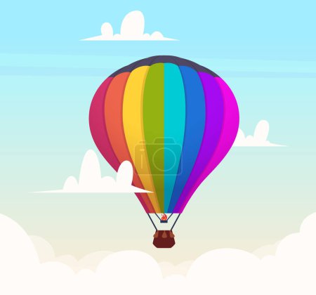 Téléchargez les illustrations : Ballon à air chaud dans le ciel. Vol romantique dans les nuages symboles de voyage en plein air fond vectoriel. Illustration ballon aérien, vol, vol et exploration - en licence libre de droit