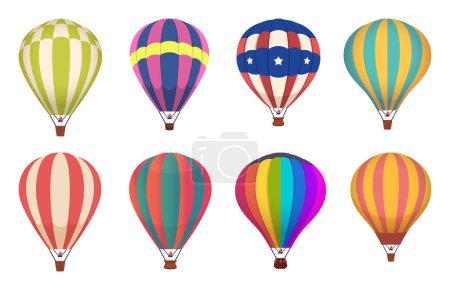 Illustration for Hot air balloon. Colored aircraft transport with basket sky airing flight vector collection. Sky basket air, hot balloon, aircraft flight transport illustration - Royalty Free Image