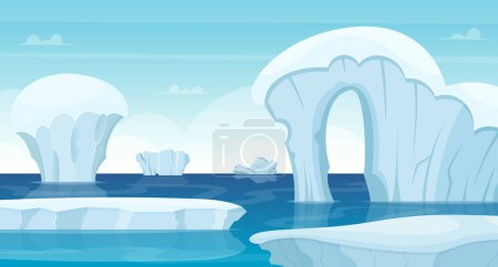 Ilustración de Hielo rocas fondo. Polo norte paisaje iceberg blanco en el océano invierno frío viaje al aire libre concepto vector. Montaña de hielo en el agua del océano, ilustración blanca de la naturaleza del invierno - Imagen libre de derechos