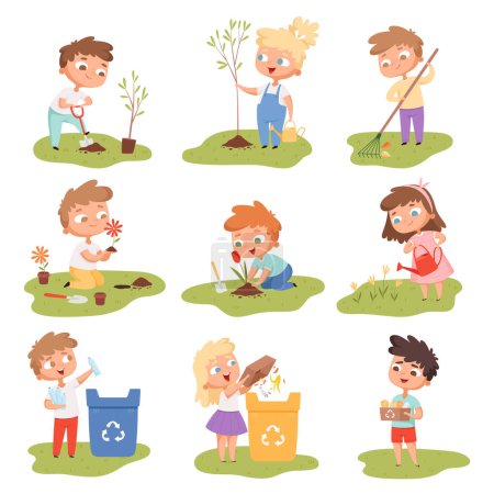 Illustration for Kids planting. Happy children gardening digging picking plants eco weather protect tree vector set. Gardening illustration of kids with shovel watering and planting - Royalty Free Image