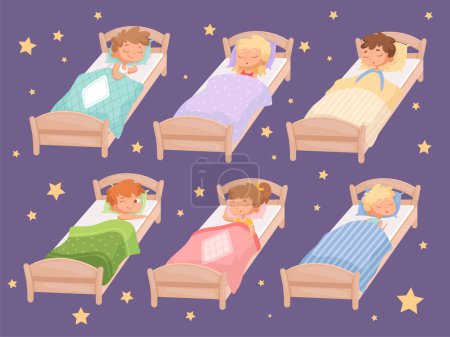 Illustration for Kids sleeping. Quiet hour in kindergarten blanket childrens bedroom rest of boys and girls relaxing bedding vector cartoon funny characters. Child sleep in bed, bedtime illustration for boy and girl - Royalty Free Image