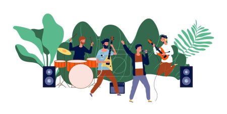 Illustration for Male team concert. Boys band, men musicians or pop group. Open air rock festival, music event vector illustration. Rock band, guitarist and drummer - Royalty Free Image