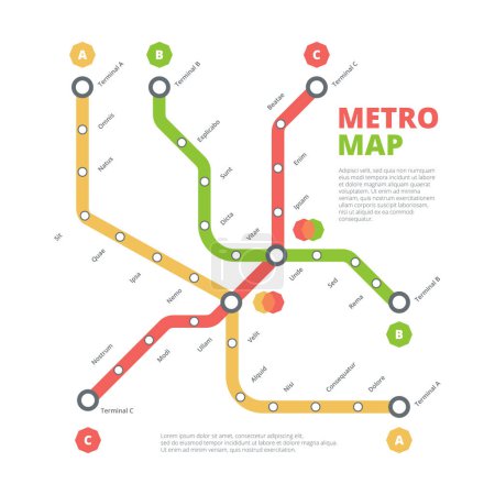 Illustration for Metro map. City railway road direction transportation route urban lines vector colored scheme. Road railway, station and direction illustration - Royalty Free Image