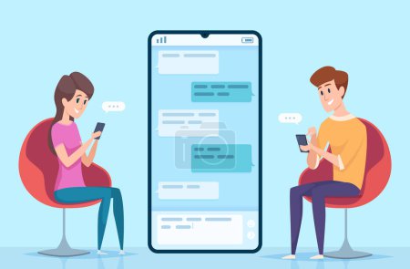 Illustration for Messaging people. Couple male and female characters online dating chatting secure dialog on smartphone vector concept. Illustration couple communication, smartphone dialog, social message - Royalty Free Image