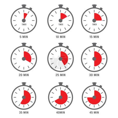 Téléchargez les illustrations : Icône Minutes. Horloge heures symboles 10 fois 5 minutes 20 numéros jour cinq collection vectorielle. Illustration horloge montre, interface de temps, chronomètre de mesure - en licence libre de droit