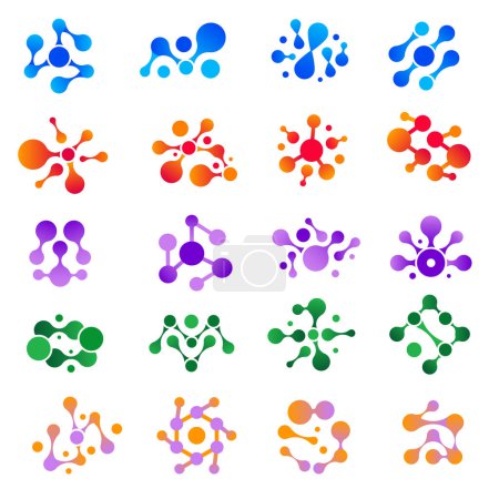 Ilustración de Explosión molecular. Formas redondas gotas de tinta de agua logo científico genético médico biología modelos vector conjunto. Ilustración ADN y estructura química patrón de moléculas - Imagen libre de derechos