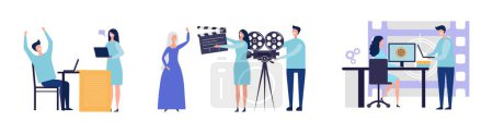 Illustration for Movie production concept. Flat male female characters making film. Script, filming, post-production vector illustration. Movie and film, production cinema and making - Royalty Free Image