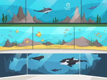 Téléchargez les illustrations : Aquarium du musée. Enfants de zoo sous-marin avec des parents regardant de gros poissons vecteur bannière horizontale. Illustration océanarium et aquarium, musée sous-marin - en licence libre de droit