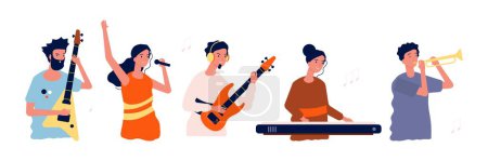 Illustration for Musicians and singers. People with music instruments. Concert, festival or event persons vector illustration. Music event festival, performance singer, musical band - Royalty Free Image
