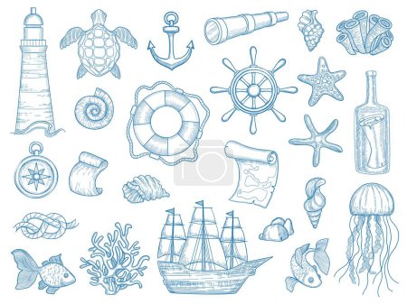Illustration for Nautical collection. Sailing boats hand drawn marine set fishes vessel vector set. Ship marine, sea vessel, collection elements lighthouse, anchor illustration - Royalty Free Image