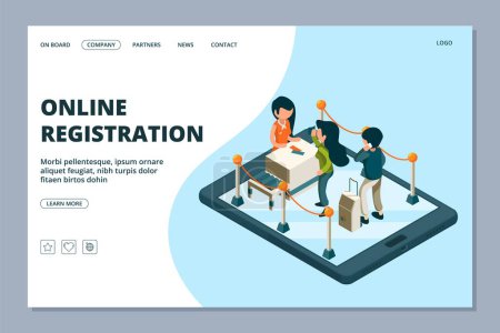 Illustration for Online registration landing page. Isometric front desk, passengers with luggage. Airport online services vector concept. Illustration of online electronic check to travel - Royalty Free Image