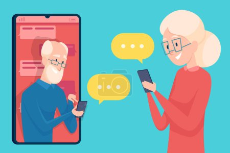 Ilustración de Mensajería para ancianos. Smartphone diálogo citas de las personas mayores de sexo masculino y femenino llamada en línea hablando ancianos personajes concepto vectorial. Ilustración mujer y hombre ancianos web comunicación - Imagen libre de derechos