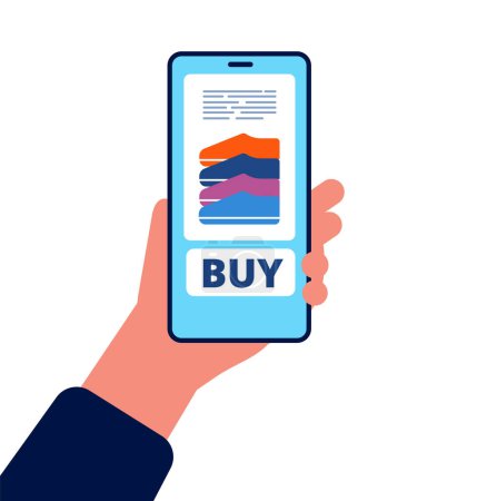 Illustration for Online shopping. Hand holding smartphone press button to check out product online purchasing buying vector concept. Mobile phone screen with button buy illustration - Royalty Free Image