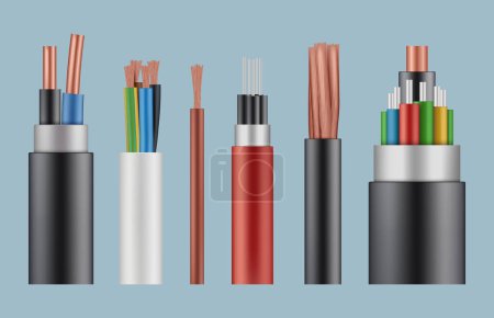 Cables ópticos. Estructura de cable de fibra de alambre línea eléctrica vector de mimbre plantilla realista. Cable de fibra de ilustración, cable óptico de potencia compleja
