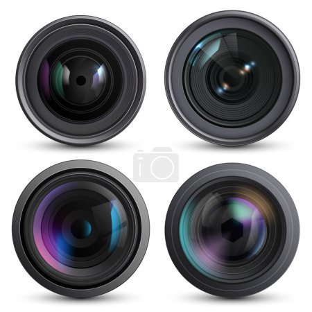 Optical lens realistic. Photo camera digital zoom aim photo reflection detail macro equipment vector collection. Illustration focus camera, lens equipment set