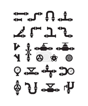 Illustration for Pipe symbols. Gas or water pipelines steam pressure counters faucets switches for sanitary engineering vector. Illustration pipeline and pressure, construction plumbing gasoline - Royalty Free Image