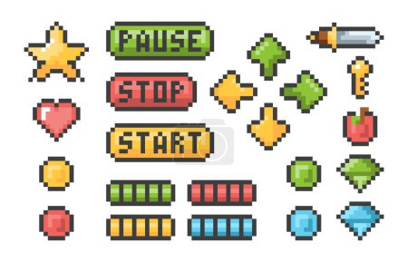 Illustration for Pixel buttons. Retro video games trophy pictogram menu bars ui elements vector pixel set. Illustration button game collection, web retro pixel - Royalty Free Image