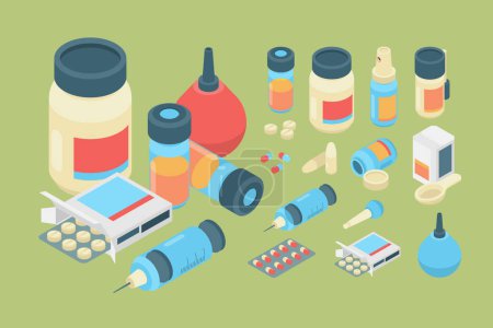 Illustration for Pharmacy isometric. Medicine healthcare drugs and pills medication vector set. Pharmaceutical isometric capsule and drug antibiotic, vaccine and remedy illustration - Royalty Free Image