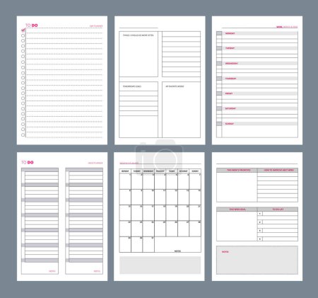 Illustration for Planner pages. Notebook agenda diary vertical pages template goals organizer vector designs. Illustration planner organizer, agenda week and diary month - Royalty Free Image