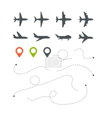 Ilustración de Ruta aérea. Vuelo direccionalmente rayas traza cielo para los símbolos vectoriales de viaje conjunto. Ilustración viaje vuelo y viaje, transporte aéreo - Imagen libre de derechos