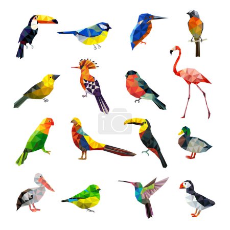 Téléchargez les illustrations : Oiseaux polygonaux. Les animaux géométriques stylisés placent les oiseaux de couleur volante bas ensemble de vecteur de poly. origami polygone géométrique, illustration animalière colorée - en licence libre de droit