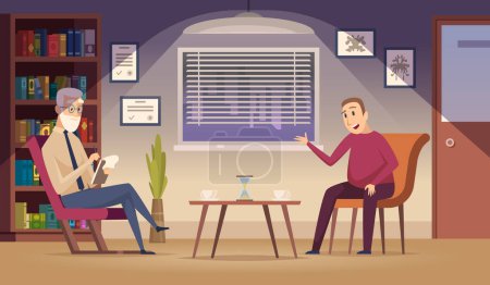 Illustration for Psychotherapy. Patient on sofa professional psychotherapy dialogue session in clinic interior vector cartoon background. Therapy psychology, man patient psychotherapy illustration - Royalty Free Image