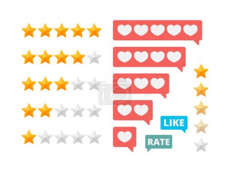 Illustration for Rating stars. Social assessment scores likes hearts vector symbols. Illustration rating star and review vote - Royalty Free Image