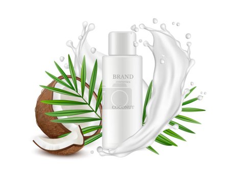Illustration for Realistic coconut. Cosmetics bottle, palm leaves and milk splashes. Realistic vector package mockup isolated on white background. Cosmetic organic bottle, coconut palm illustration - Royalty Free Image
