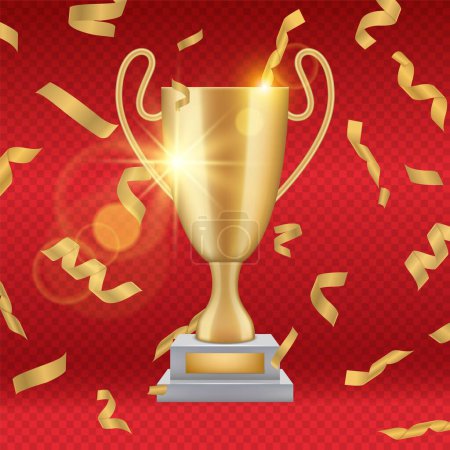 Realistic gold trophy. Falling golden confetti, vector award winner cup illustration. Championship celebration, champion cup gold