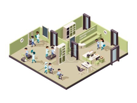 Illustration for Rehabilitation clinic. Nurse helping patient professional person treatment physical exercise for disabled vector isometric interior. Medical hospital, doctor patient, physiotherapy illustration - Royalty Free Image